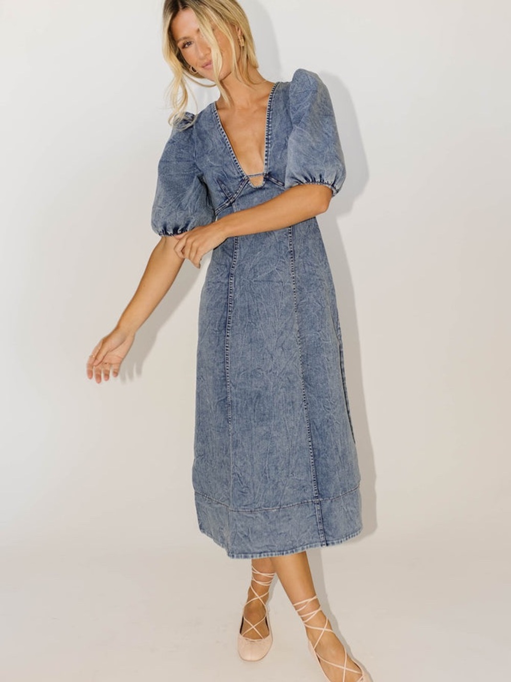 Washed Blue Denim Midi Dress with Puff Sleeves